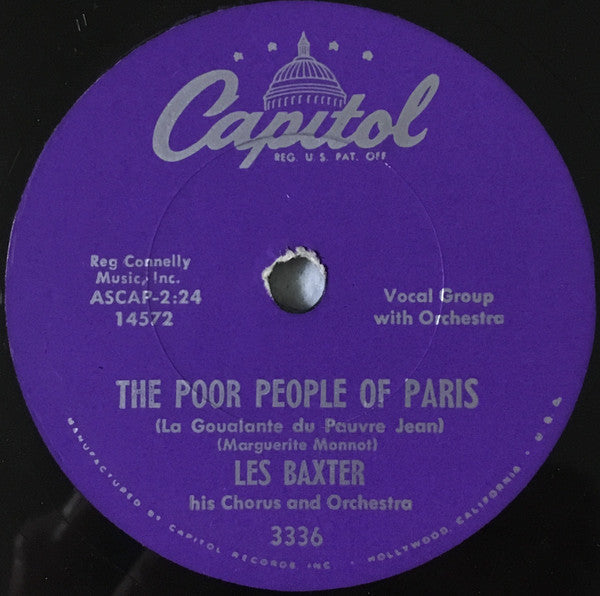 Les Baxter, His Chorus And Orchestra : The Poor People Of Paris (La Goualante Du Pauvre Jean) / Theme From "Helen Of Troy" (Shellac, 10", Scr)