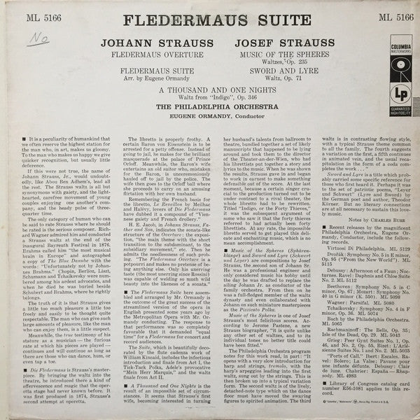 Eugene Ormandy Conducts The Philadelphia Orchestra / Johann Strauss Jr., Josef Strauß : Fledermaus Suite (LP, Album, Mono)