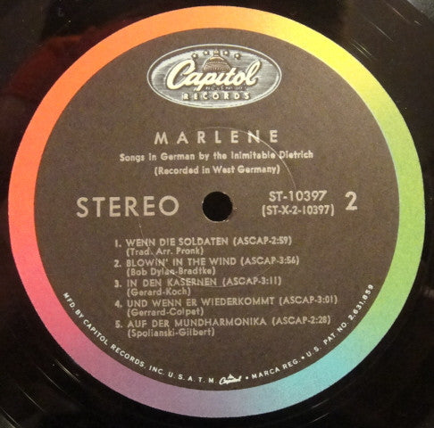 Marlene Dietrich : Songs In German By The Inimitable Dietrich (LP, Album, Los)