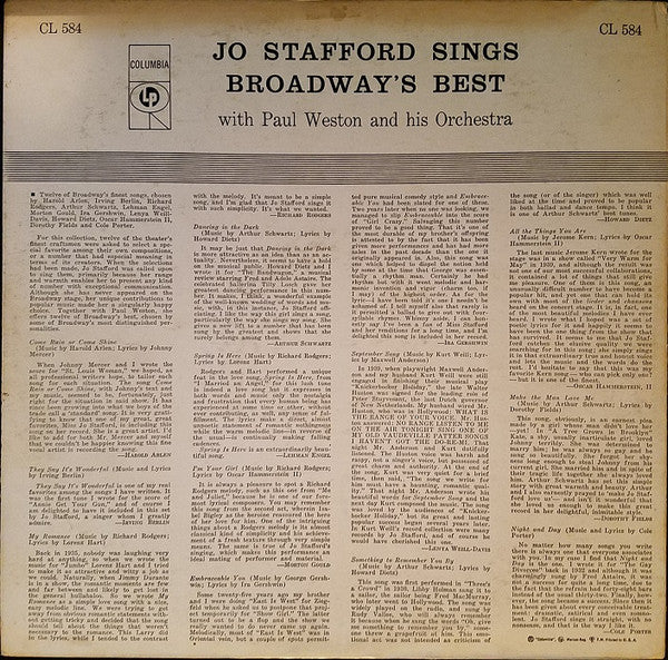 Jo Stafford With Paul Weston And His Orchestra : Jo Stafford Sings Broadway's Best (LP, Mono, Hol)