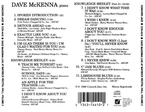 Dave McKenna : Live At Maybeck Recital Hall - Volume Two (CD, Album)