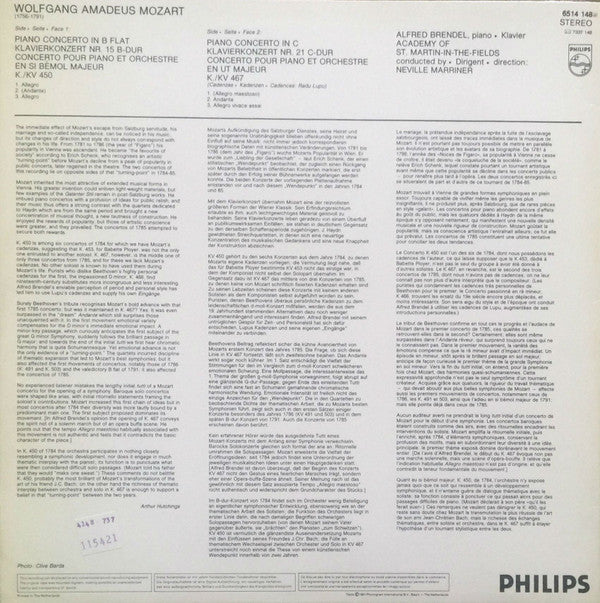 Mozart*, Alfred Brendel, Academy  Of St. Martin-in-the-Fields*, Neville Marriner* : Piano Concertos K. 450 & K. 467 Klavierkonzerte (LP)