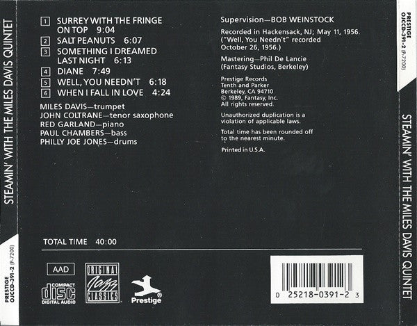 The Miles Davis Quintet : Steamin' With The Miles Davis Quintet (CD, Album, RE)