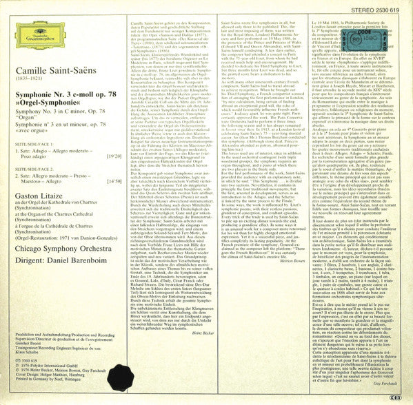 Camille Saint-Saëns - Gaston Litaize · Chicago Symphony Orchestra, Daniel Barenboim : Symphony No. 3 ”Organ” · „Orgel-Symphonie” (LP)