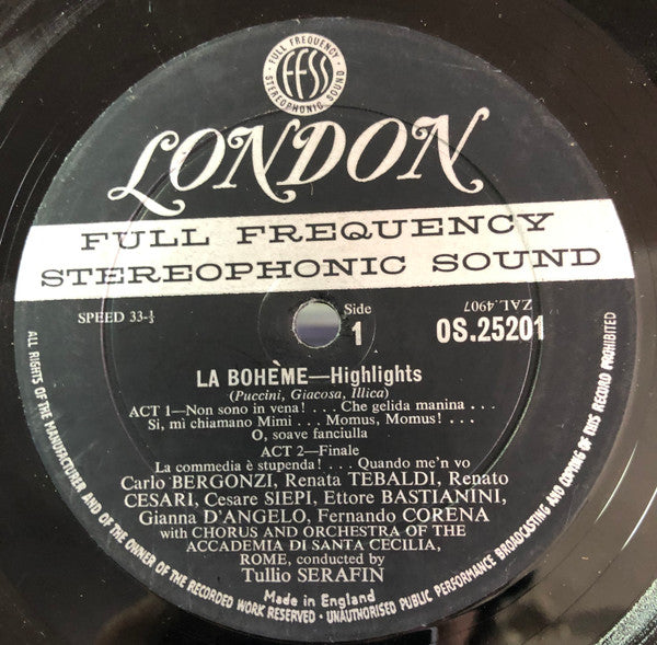 Giacomo Puccini / Renata Tebaldi, Carlo Bergonzi, Ettore Bastianini, Cesare Siepi, Fernando Corena, Tullio Serafin : La Bohème (Highlights) (LP)