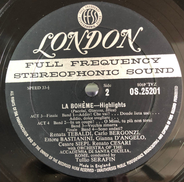 Giacomo Puccini / Renata Tebaldi, Carlo Bergonzi, Ettore Bastianini, Cesare Siepi, Fernando Corena, Tullio Serafin : La Bohème (Highlights) (LP)