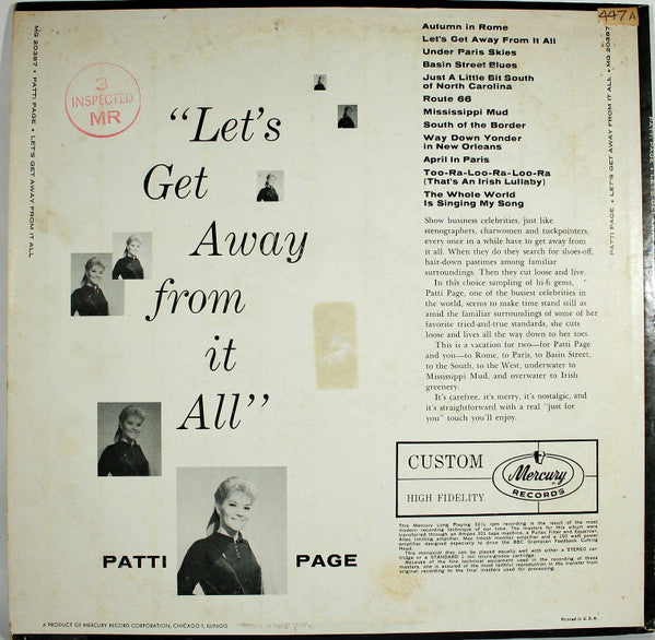 Patti Page : Let's Get Away From It All (LP, Album, Mono)