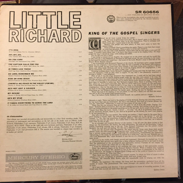 Little Richard Accompanied By Quincy Jones And His Orchestra With The Howard Roberts Chorale : The King Of The Gospel Singers: Little Richard (LP, Album)