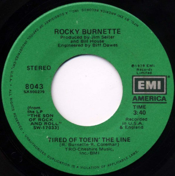 Rocky Burnette : Tired Of Toein' The Line (7", Single, Spe)