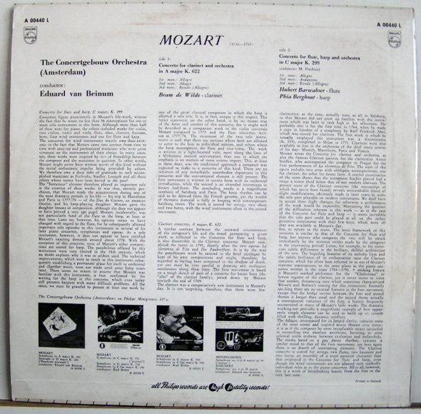 Mozart* / The Concertgebouw Orchestra, Amsterdam*, Hubert Barwahser, Phia Berghout, Bram De Wilde, Eduard van Beinum : Concerto For Flute, Harp & Orchestra K.299 / Concerto For Clarinet & Orchestra K.622  (LP, Mono)