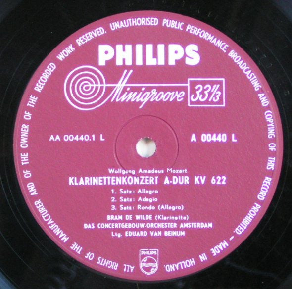 Mozart* / The Concertgebouw Orchestra, Amsterdam*, Hubert Barwahser, Phia Berghout, Bram De Wilde, Eduard van Beinum : Concerto For Flute, Harp & Orchestra K.299 / Concerto For Clarinet & Orchestra K.622  (LP, Mono)