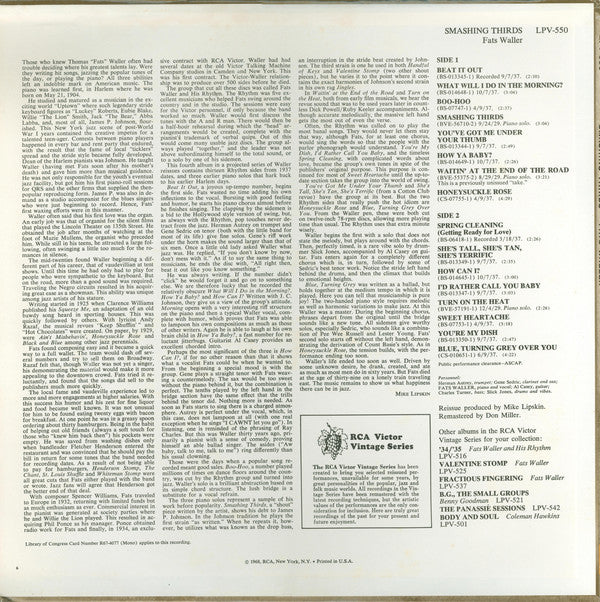 Fats Waller : Smashing Thirds (LP, Comp, Mono, RE, RM)