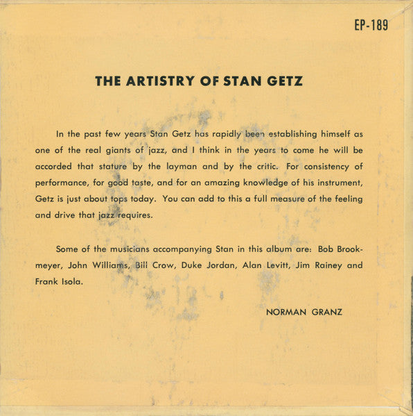 Stan Getz : The Artistry Of Stan Getz (7", EP)