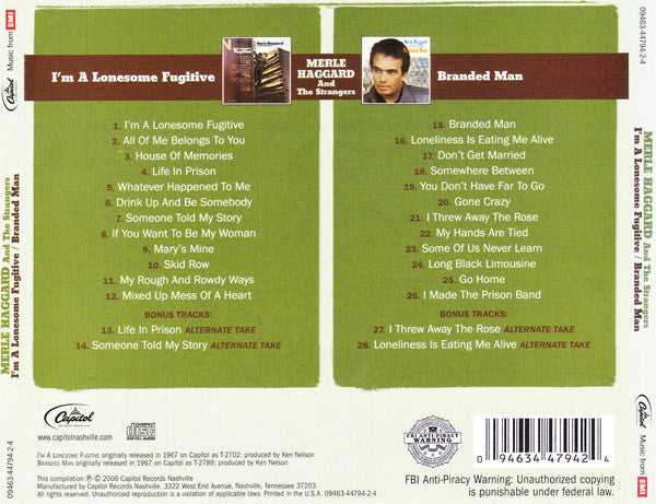 Merle Haggard And The Strangers (5) : I'm A Lonesome Fugitive / Branded Man (CD, Comp, RM)