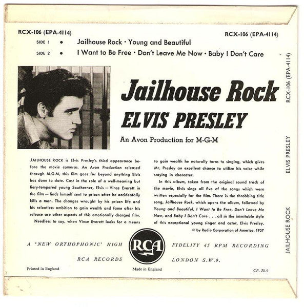 Elvis Presley With The Jordanaires : Jailhouse Rock (7", EP, RP, 4-p)