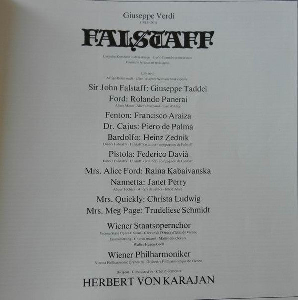 Giuseppe Verdi - Giuseppe Taddei, Rolando Panerai, Francisco Araiza, Raina Kabaivanska • Janet Perry, Christa Ludwig • Trudeliese Schmidt, Wiener Staatsopernchor, Wiener Philharmoniker, Herbert von Karajan : Falstaff (3xLP + Box)