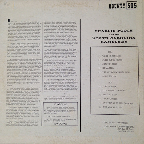 Charlie Poole And The North Carolina Ramblers : Old Time Songs (Recorded From 1925-1930) (LP, Comp, Mono, Ltd)