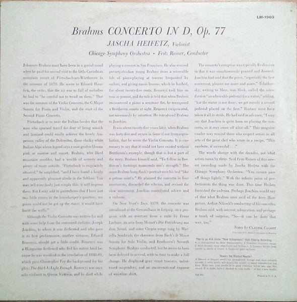 Johannes Brahms, Jascha Heifetz, Chicago Symphony Orchestra, Fritz Reiner : Violin Concerto (LP, Album, Mono, Plu)