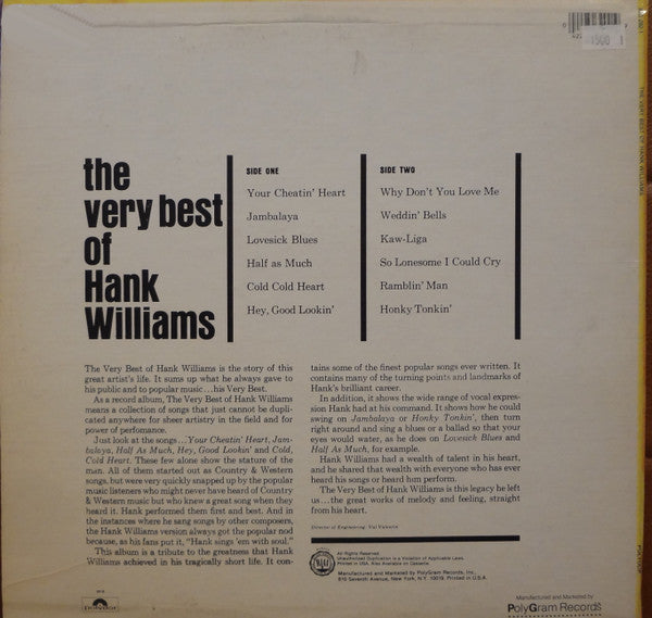 Hank Williams : The Very Best Of Hank Williams (LP, Comp, RE, Kee)