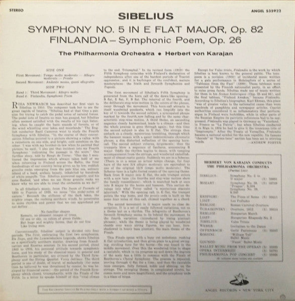 Jean Sibelius - Philharmonia Orchestra, Herbert von Karajan : Symphony No. 5 In E Flat Major. Op. 82. /  Finlandia Op. 26 (LP, Album, RP)