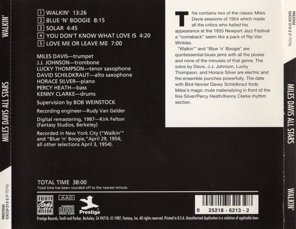 Miles Davis All Stars : Walkin' (CD, Album, RE, RM)