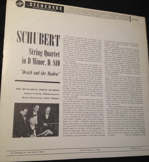 Franz Schubert - The Hungarian Quartet : String Quartet In D Minor, D 810 "Death And The Maiden"  (LP)