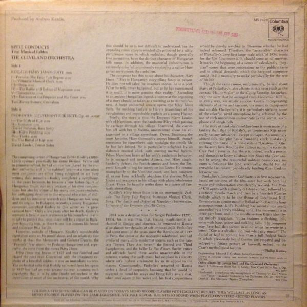George Szell, Zoltán Kodály / Sergei Prokofiev - The Cleveland Orchestra : Szell Conducts Two Musical Fables (Háry János And Lieutenant Kijé) (LP, RP)