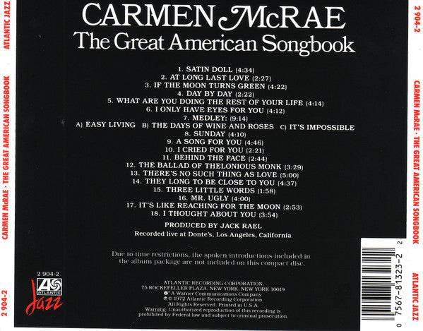 Carmen McRae : The Great American Songbook (CD, RE)
