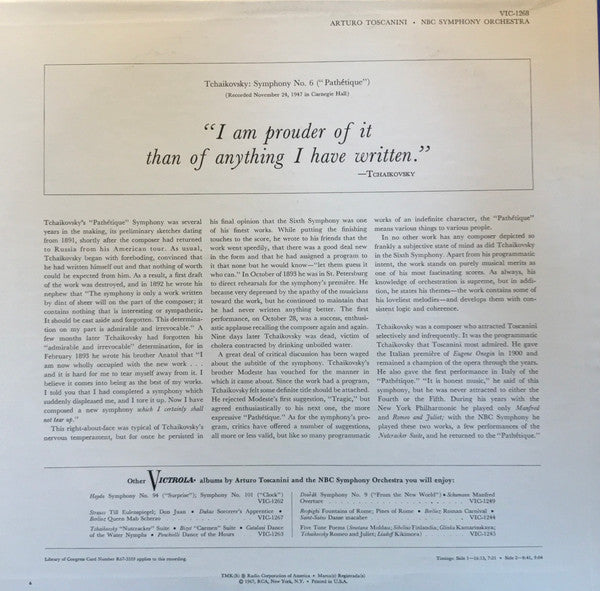 Pyotr Ilyich Tchaikovsky - Arturo Toscanini, NBC Symphony Orchestra : Symphony No. 6, In B Minor, Op. 74 ("Pathétique") (LP, Album, Mono)