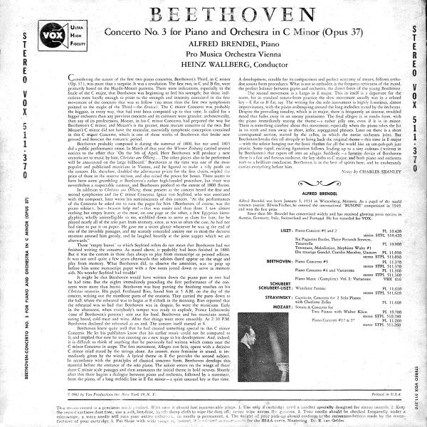 Ludwig van Beethoven, Alfred Brendel, Vienna Pro Musica Orchestra, Heinz Wallberg : Piano Concerto No. 3 In C Minor Op. 37 (LP)