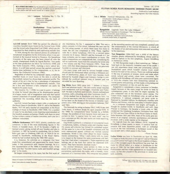 Staffan Scheja : Staffan Scheja Plays Romantic Swedish Piano Music (LP)