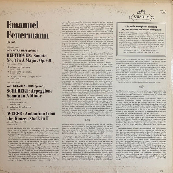 Emanuel Feuermann, Myra Hess, Gerald Moore : Beethoven - Schubert - Weber (LP)