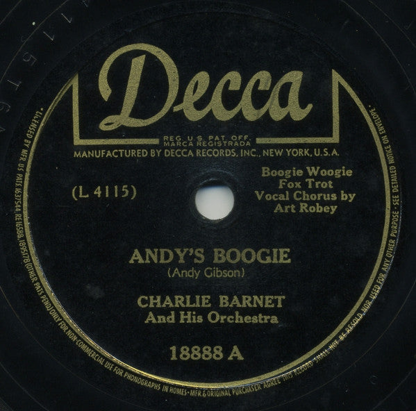 Charlie Barnet And His Orchestra : Andy's Boogie / Baby, You Can Count On Me (Shellac, 10")