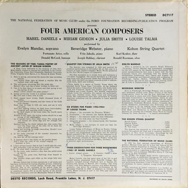 Mabel Daniels / Miriam Gideon / Julia Smith (2) / Louise Talma : Four American Composers (LP, Album)