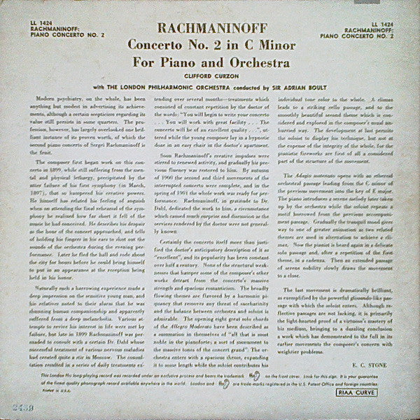Clifford Curzon With The London Philharmonic Orchestra* Conducted By Sir Adrian Boult, Rachmaninov* : Concerto No. 2 In C Minor For Piano And Orchestra (LP, Album, Mono)