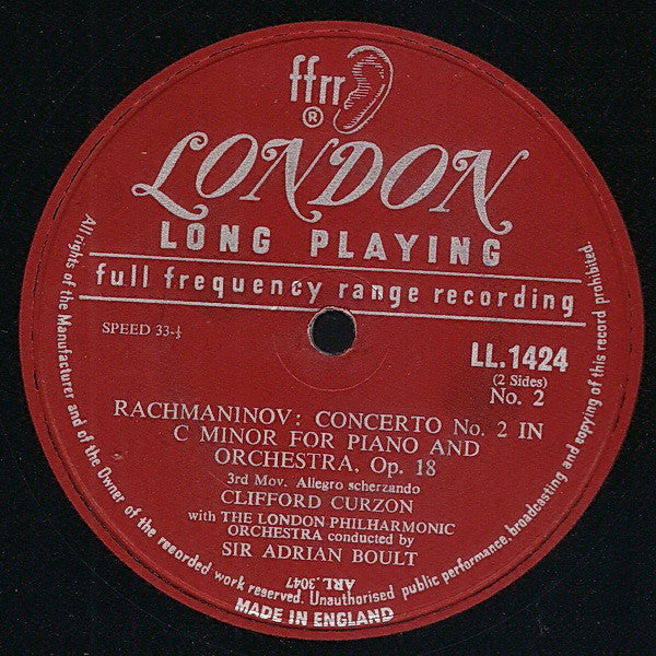 Clifford Curzon With The London Philharmonic Orchestra* Conducted By Sir Adrian Boult, Rachmaninov* : Concerto No. 2 In C Minor For Piano And Orchestra (LP, Album, Mono)