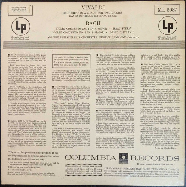 David Oistrach, Isaac Stern, The Philadelphia Orchestra : Vivaldi: Double Concerto; Bach: Violin Concertos 1 And 2 (LP)