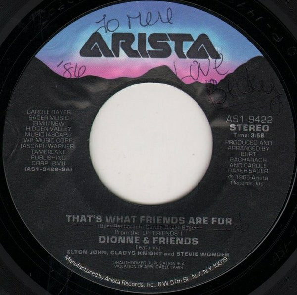 Dionne & Friends Featuring Elton John, Gladys Knight And Stevie Wonder : That's What Friends Are For (7", Single, Styrene, All)