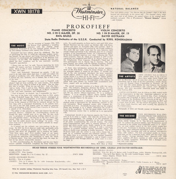 Sergei Prokofiev, David Oistrach, Emil Gilels : Piano Concerto No. 3 / Violin Concerto No. 1 (LP, Comp, Mono)