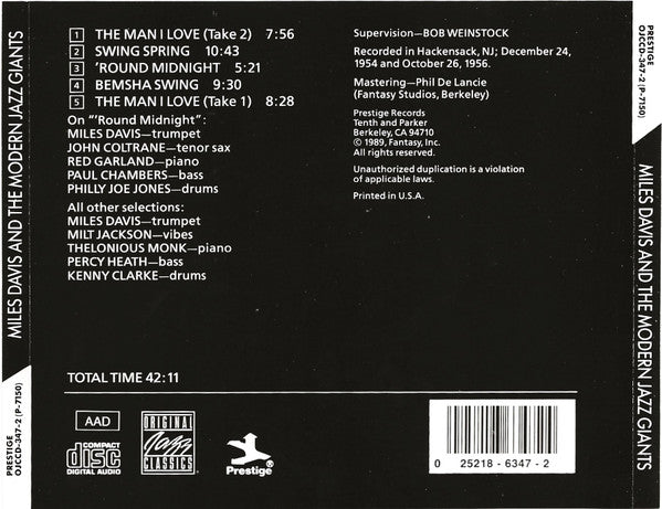 Miles Davis : Miles Davis And The Modern Jazz Giants (CD, Album, Comp, RE, RM)