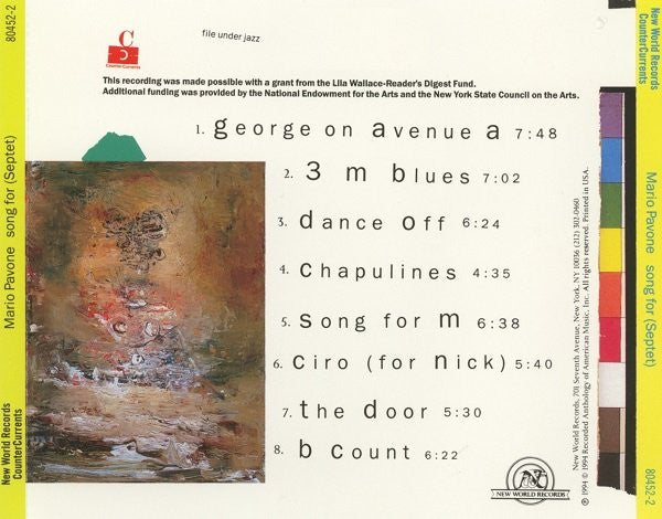 Mario Pavone : Song For (Septet) (CD, Album)