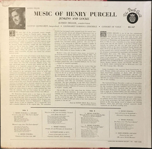 Henry Purcell, John Jenkins (5) And Matthew Locke - Alfred Deller, Gustav Leonhardt, Leonhardt Baroque Ensemble With Consort Of Viols : Music Of Henry Purcell, Jenkins And Locke (LP)