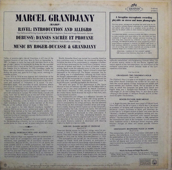 Marcel Grandjany - Maurice Ravel / Claude Debussy / Marcel Grandjany / Jean Roger-Ducasse, The Hollywood String Quartet, The Concert Arts Orchestra, Felix Slatkin : Marcel Grandjany / Ravel: Introduction And Allegro; Debussy: Danse Sacree Et Profane; Music By Roger-Ducasse & Grandjany (LP)