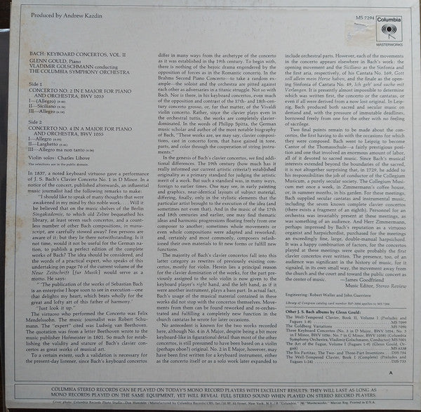Glenn Gould, Vladimir Golschmann, Columbia Symphony Orchestra - Johann Sebastian Bach : Keyboard Concertos, Vol.II - No. 2 In E Major, No. 4 In A Major (LP)