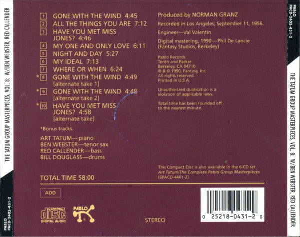 Art Tatum / Ben Webster / Red Callender / Bill Douglass (2) : The Tatum Group Masterpieces, Vol. 8 (CD, Album, RE)