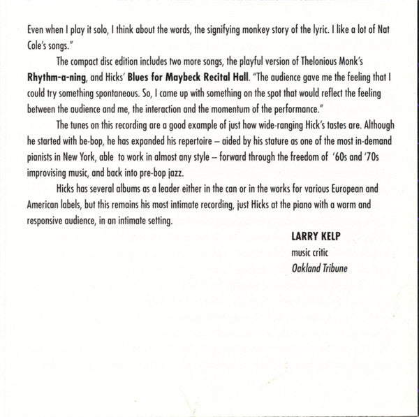 John Hicks : Live At Maybeck Recital Hall, Volume Seven (CD, Album)