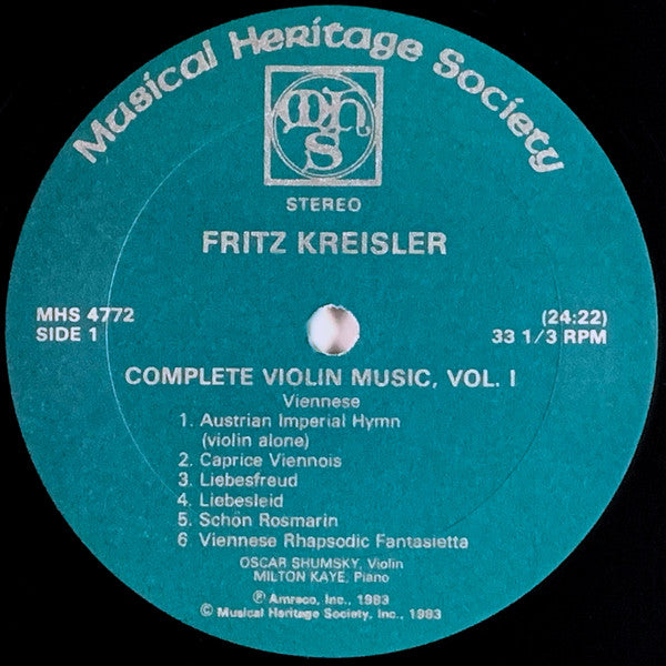 Fritz Kreisler - Oscar Shumsky With Milton Kaye : Complete Violin Music, Vol. I (3xLP + Box)