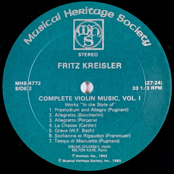 Fritz Kreisler - Oscar Shumsky With Milton Kaye : Complete Violin Music, Vol. I (3xLP + Box)