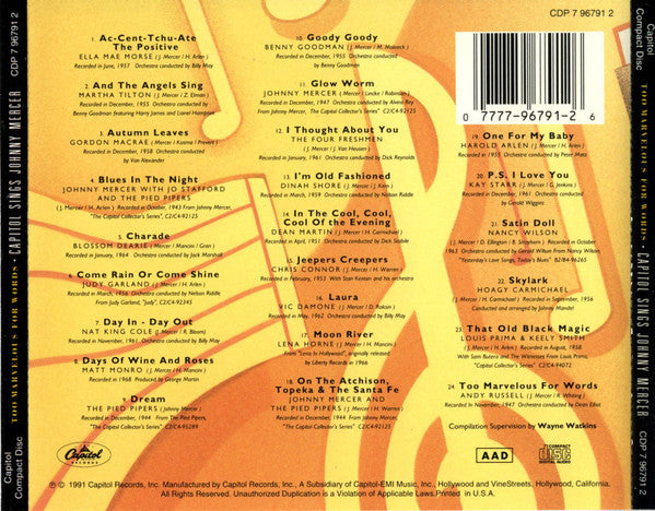 Various : Too Marvelous For Words: Capitol Sings Johnny Mercer (CD, Comp, RM)
