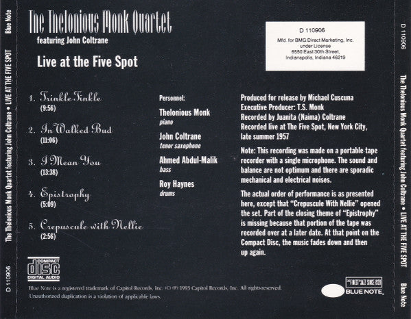 The Thelonious Monk Quartet Featuring John Coltrane : Live At The Five Spot Discovery! (CD, Album, Club)